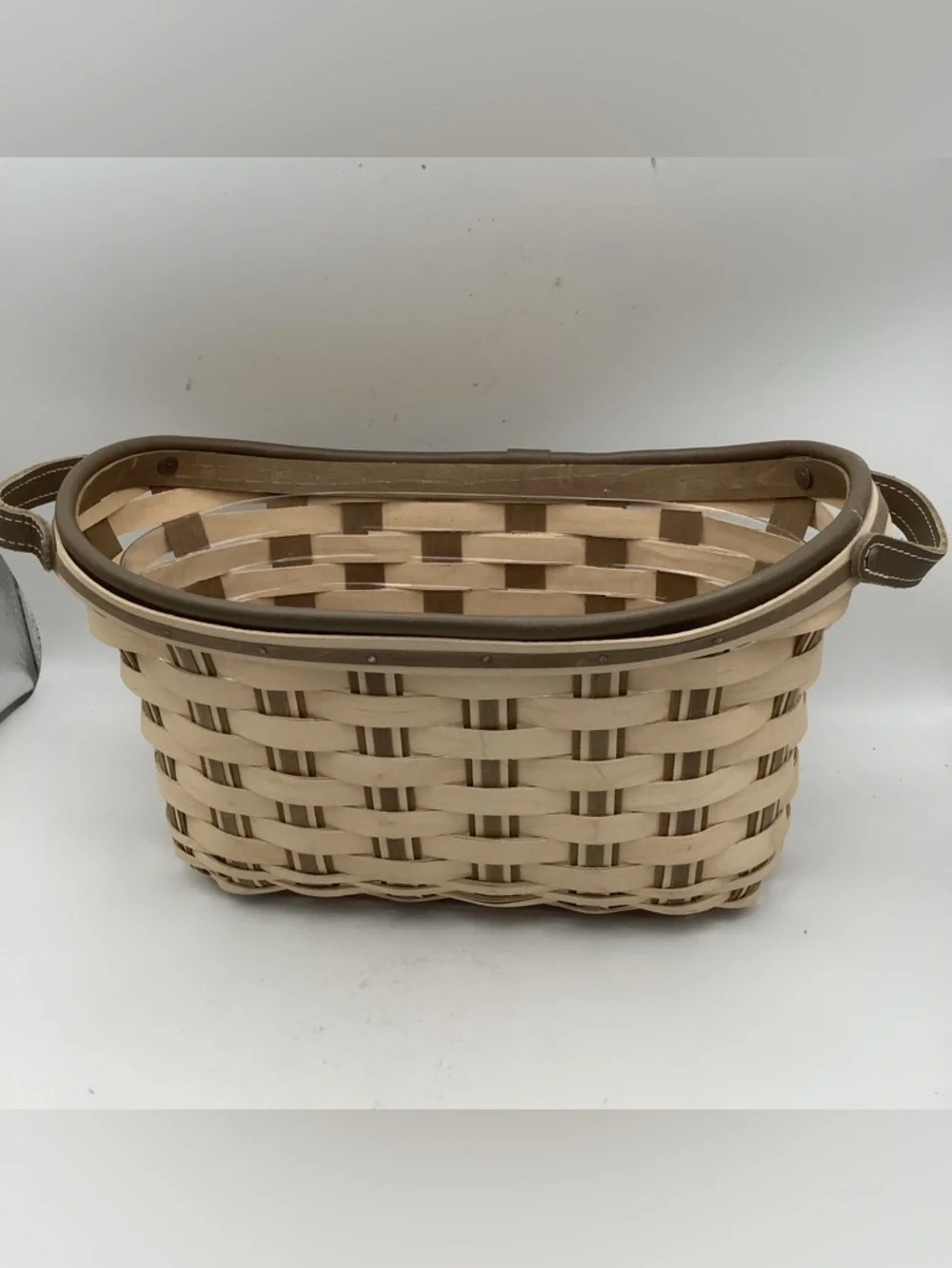 Longaberger Tan and Brown Woven Bicycle Basket with Leather Handles and Liner - Picture 2 of 10